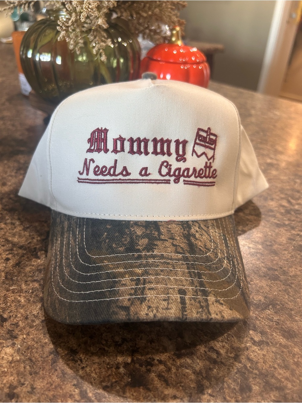 Mommy Needs a Cigarette Embroidered Trucker Cap - Cream & Brown